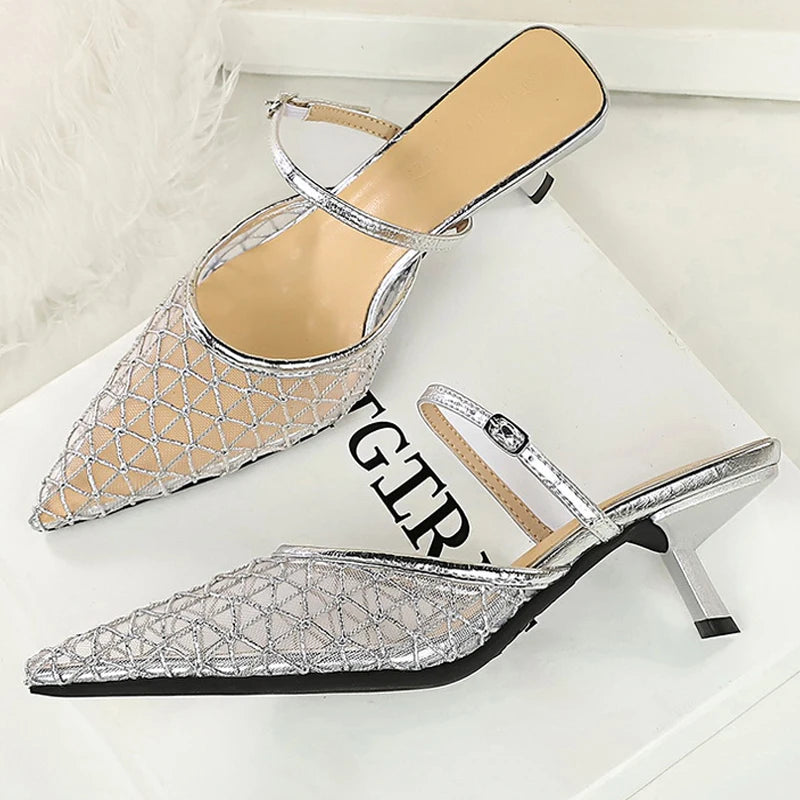 BIGTREE Shoes Mesh Lace Pointed Women Sandals Buckle Kitten High Heels Stiletto Summer Sexy Half Slipper Women Shoes Breathable