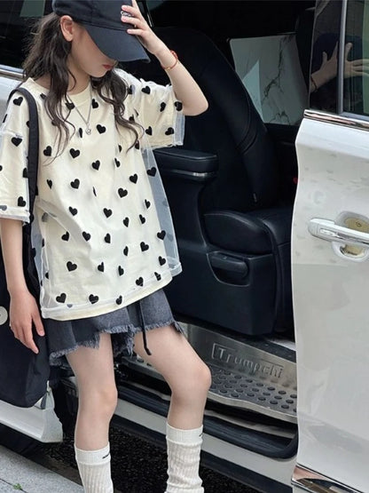 Girls Kids Double Layer Mesh T-Shirt Short Sleeve Loose Summer Blouse Casual Top for Children Breathable Lightweight Tee
