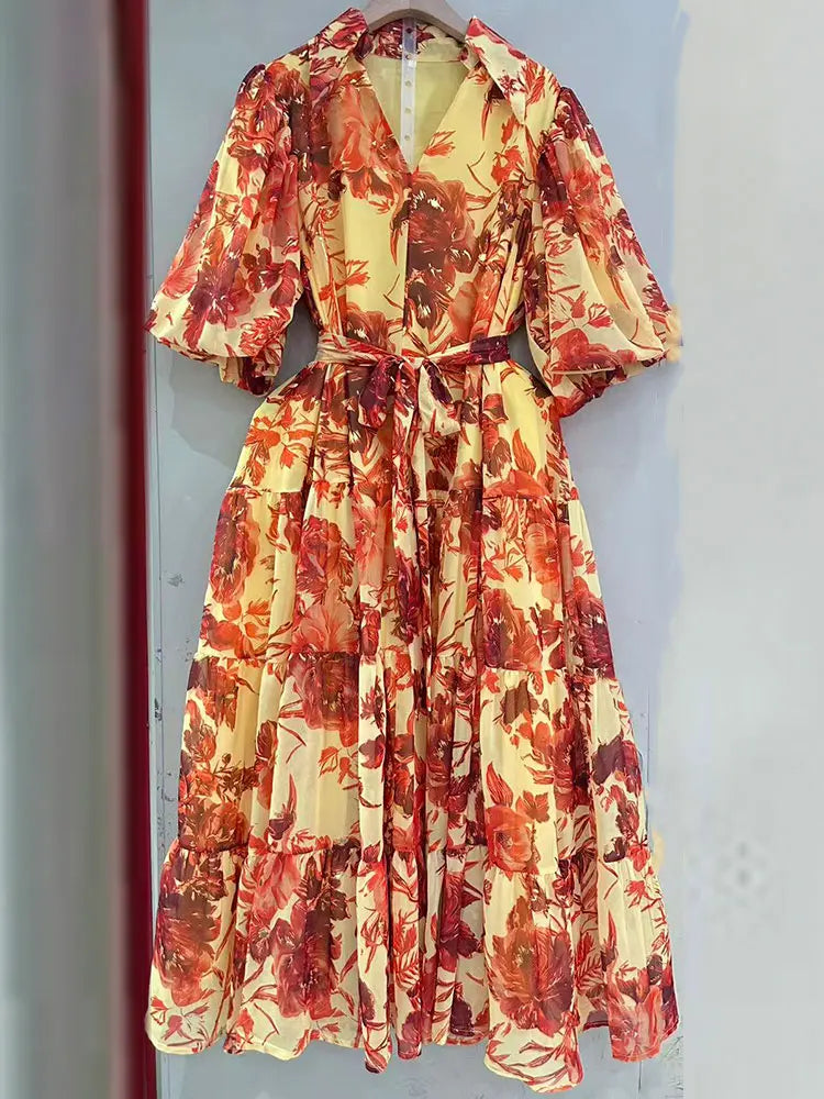 2026 Summer women's new lapel bubble short sleeve printing waist lace-up dress temperament French elegant swing holiday dress.