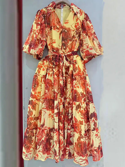 2026 Summer women's new lapel bubble short sleeve printing waist lace-up dress temperament French elegant swing holiday dress.
