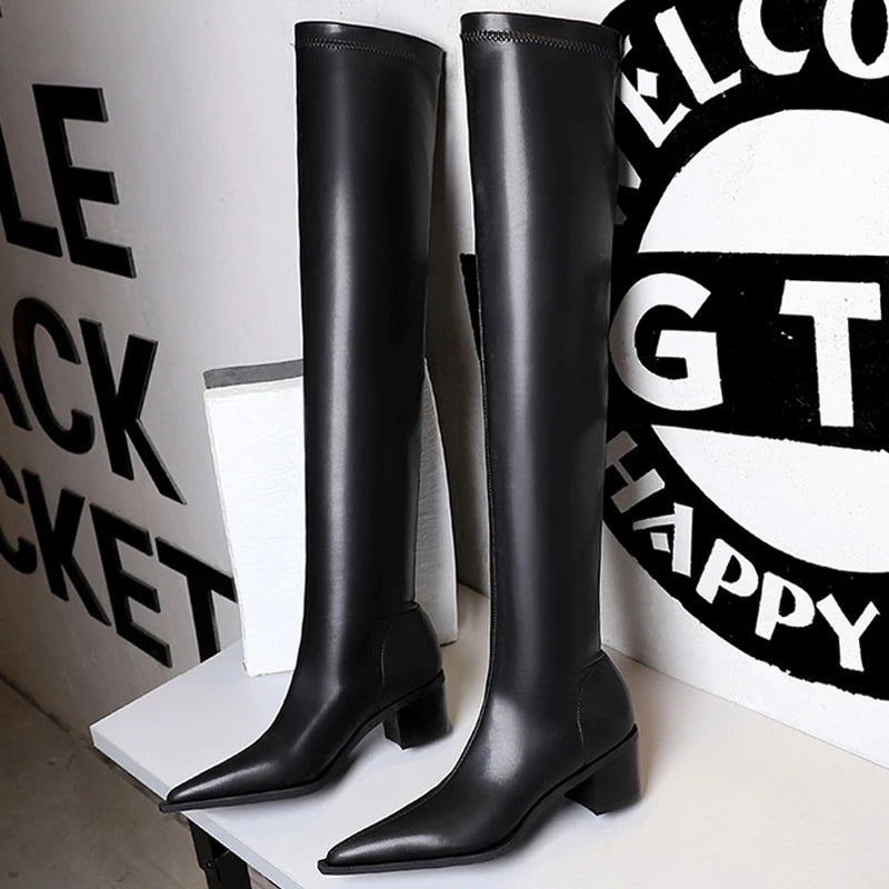 BIGTREE New Leather Boots Sexy Over The Knee Boots Thick Heel Long Boots Women Shoes Pointed Toe High Boots Autumn Winter Shoes