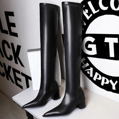 BIGTREE New Leather Boots Sexy Over The Knee Boots Thick Heel Long Boots Women Shoes Pointed Toe High Boots Autumn Winter Shoes