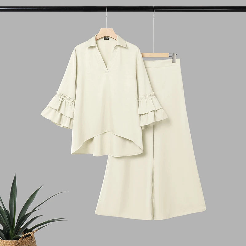 Plus Size Outfits Women Two Piece VONDA Ruffle Sleeve Asymmetrical Hem Tops Wide Leg Pants Sets Elegant V Neck 3/4 Sleeve Suits