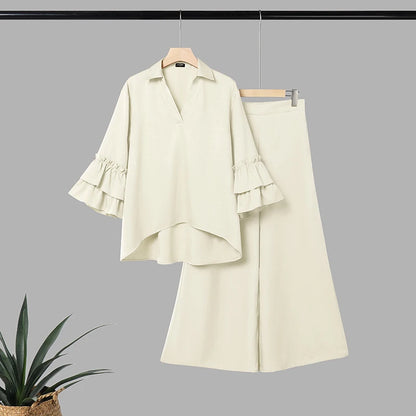 Plus Size Outfits Women Two Piece VONDA Ruffle Sleeve Asymmetrical Hem Tops Wide Leg Pants Sets Elegant V Neck 3/4 Sleeve Suits