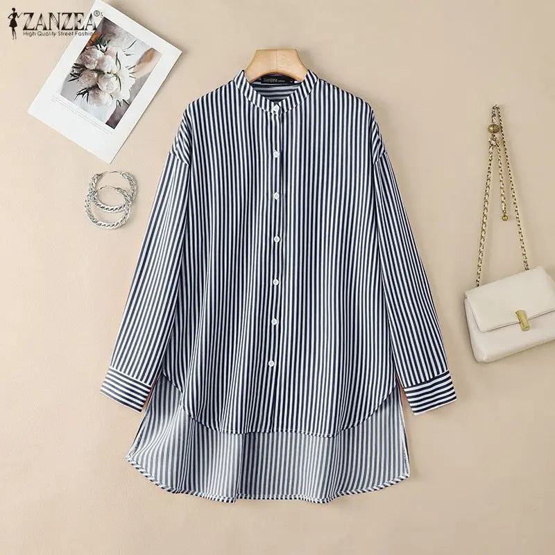 ZANZEA Oversized High-Low Shirts Woman Mandarin Collar Drop-Shoulder Long Sleeve Button Up Blouse Loose Camisas Streetwear 3XL