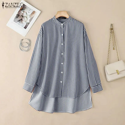 ZANZEA Oversized High-Low Shirts Woman Mandarin Collar Drop-Shoulder Long Sleeve Button Up Blouse Loose Camisas Streetwear 3XL