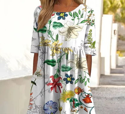 2026Summer New Arrival Women's Casual Crew Neck Pocket Short Sleeve Printed Dress
