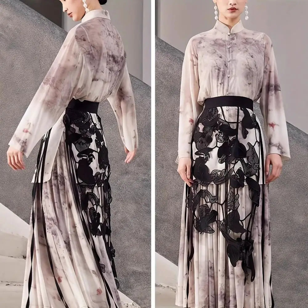 High Waist Lace Midi Skirt Irregular Side Slit Embroidered Flower Lace Drawstring Skirt Hollow Flower Tassels See Through