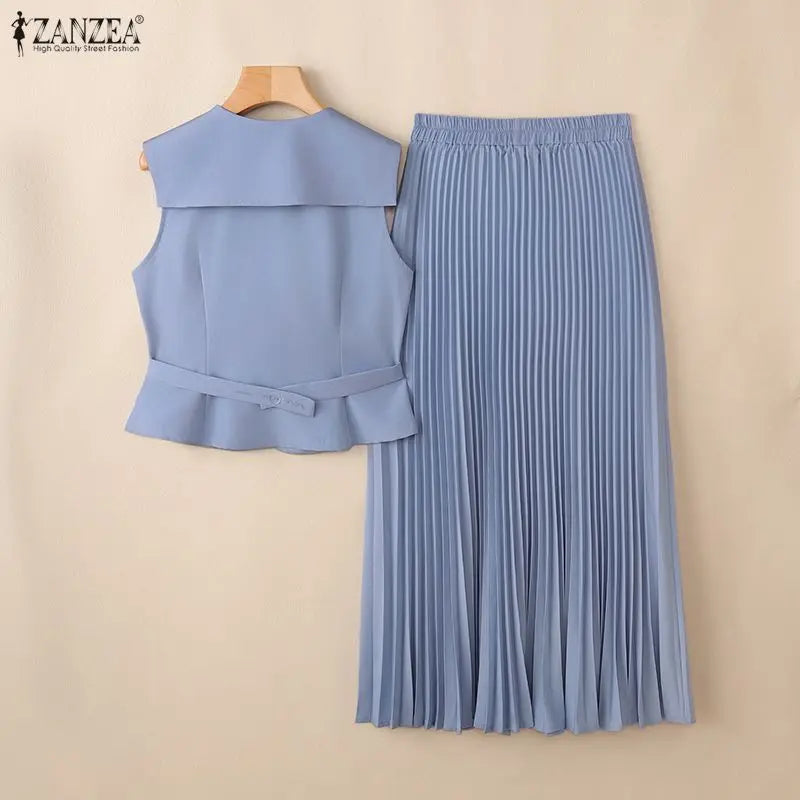 ZANZEA Summer Office Outfits Fashion Women Dress Sets Elegant Lapel Neck Sleeveless Vests Tops A Line Pleated Skirt Suit OL Work