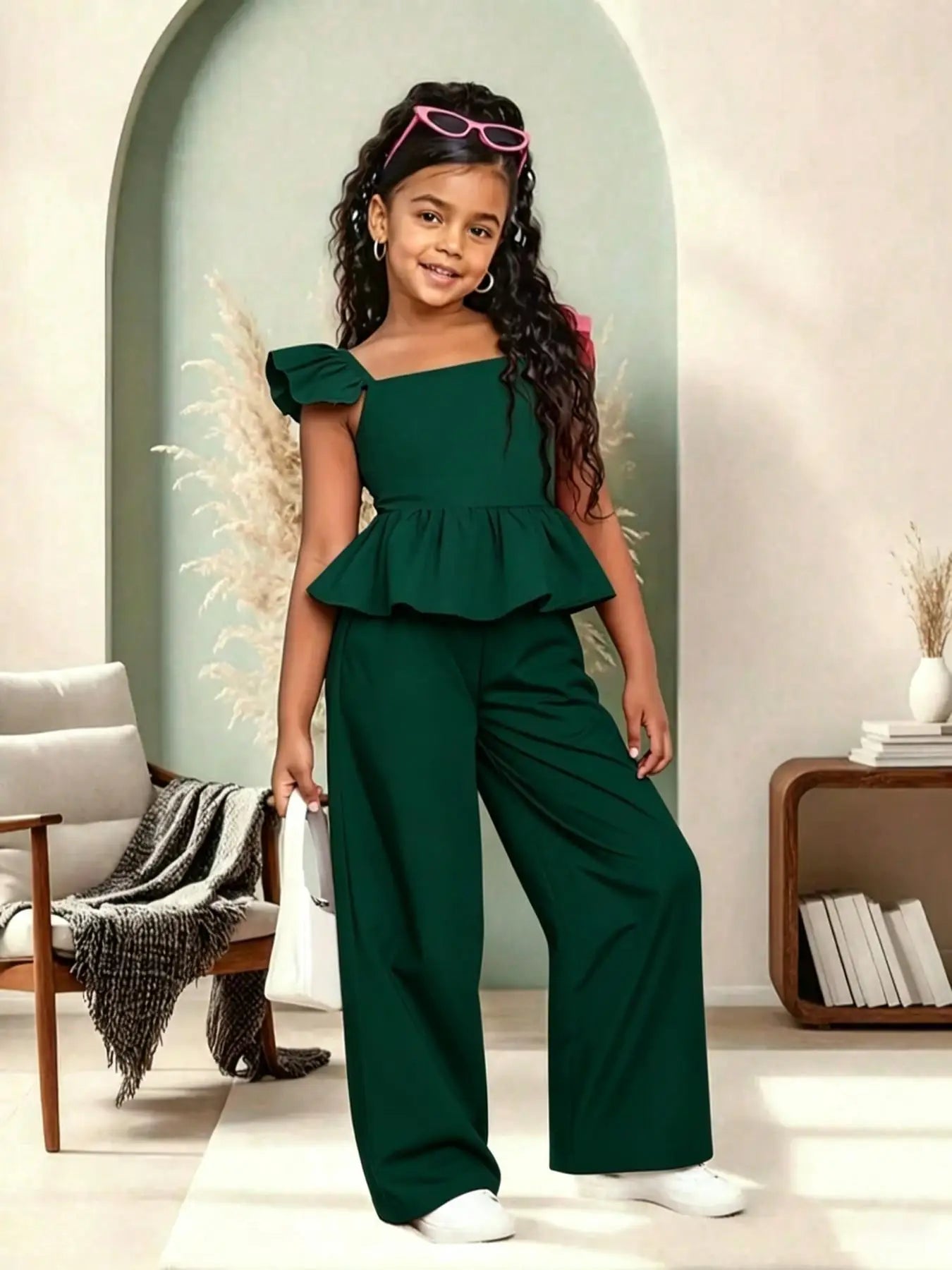 Girls' Peplum Wide Leg Jumpsuit, Casual Slim-Fit, Square Neck, All-In-One Design, Comfortable for Daily Wear & Weekend Trips