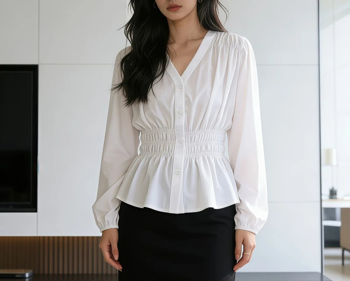 200 Pounds Plus Size Elastic Waist Summer Shirt And Blouse  Solid Top Women's New In Clothes Simple V-neck French