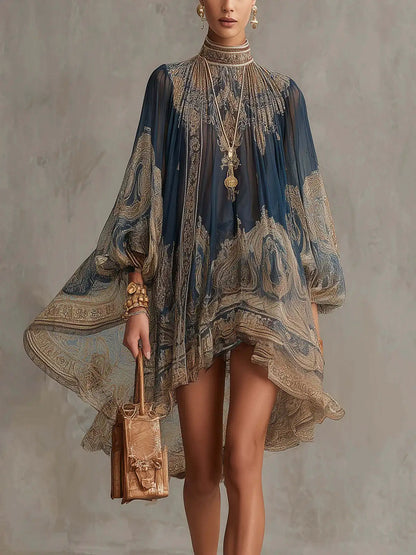 2026 hot  European and American turtleneck printed chiffon dress loose vacation style shawl long-sleeved women's dress
