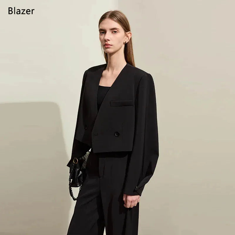 AMII Minimalism Women's Pants 2025 Autumn New Office Lady V-neck Loose Short Blazer Jacket Casual Solid Pants Separate 12441110