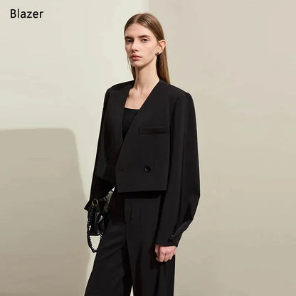 AMII Minimalism Women's Pants 2025 Autumn New Office Lady V-neck Loose Short Blazer Jacket Casual Solid Pants Separate 12441110