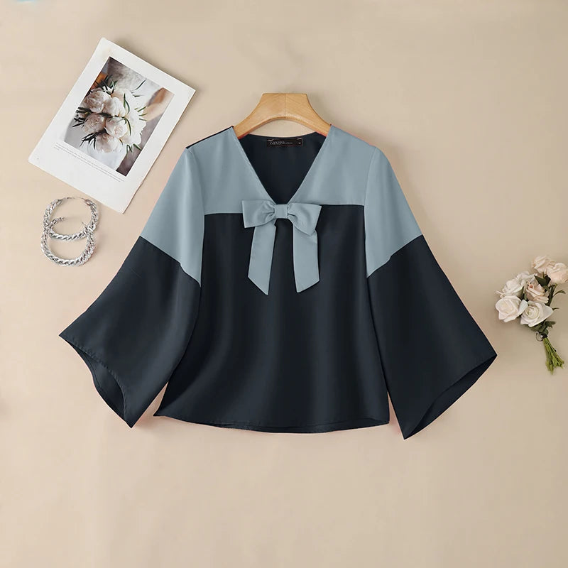 ZANZEA Woman Elegant Chic Blouses Contrast-Color Bow Detail V-Neck 3/4 Bell Sleeves Pullover Tops Summer Casual Blusas de Mujer