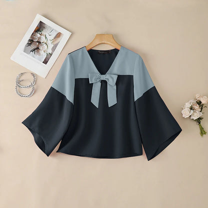ZANZEA Woman Elegant Chic Blouses Contrast-Color Bow Detail V-Neck 3/4 Bell Sleeves Pullover Tops Summer Casual Blusas de Mujer