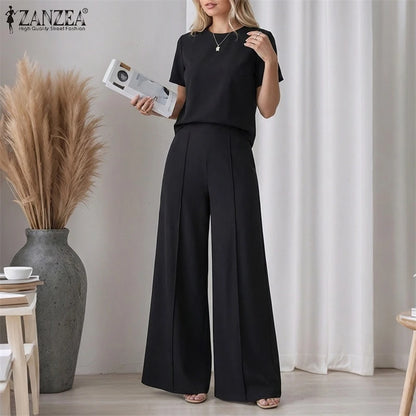 ZANZEA Summer Pant Sets Office Women 2 Pieces Set Elegant Short Sleeve Blouse Wide Leg Trousers Suit Fashion 2PCS Work OL Outfit