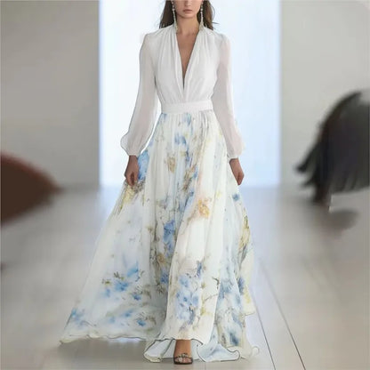 Fashion Floral Print Patchwork Bohemian Dress Woman 2025 Sexy V Neck Hollow Long Dresses Long Sleeve  Puff Loose Maxi Dress