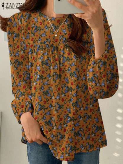 ZANZEA Women's Elegant Floral Blouses Autumn Cotton Linen Long Puff Sleeve O-Neck Gathered Loose Tops Casual Daily Woman Clothes