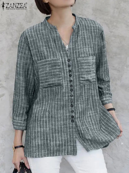 ZANZEA Fashion Stripe Printed Shirt Summer  3/4 Sleeve V-Neck Blouse Female Casual Blusas Mujer Woman Elegant Loose Korean Tops