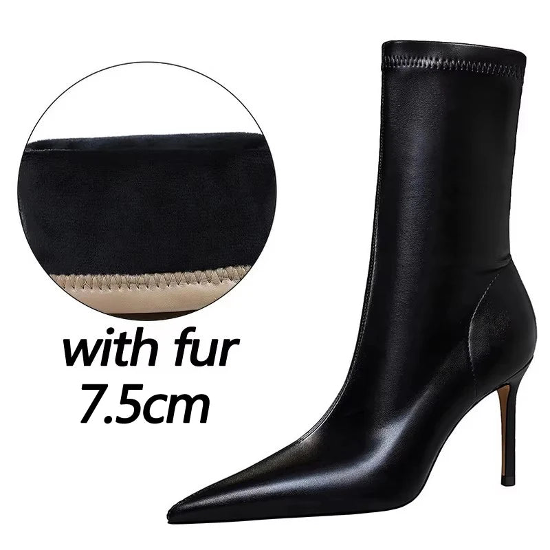 BIGTREE Shoes 2026 New Women Mid-Calf Boots Pointed Toe High-heel Boots Stiletto Heels Leather Boots Fashion Autumn Winter Boots