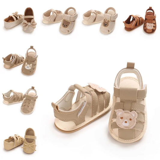 0-1Year Baby Shoes Infant Pre-Walker Shoes Cute Teddy Bear Pattern Summer Sandals Soft Sole Adjustable Strap Daily Footwear
