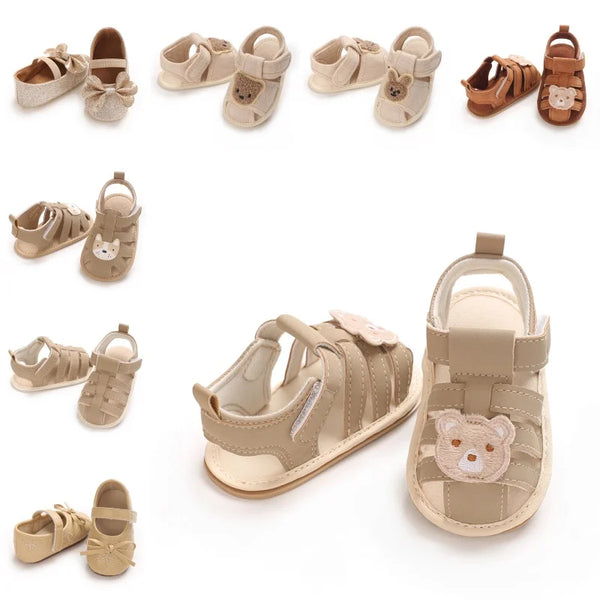 0-1Year Baby Shoes Infant Pre-Walker Shoes Cute Teddy Bear Pattern Summer Sandals Soft Sole Adjustable Strap Daily Footwear