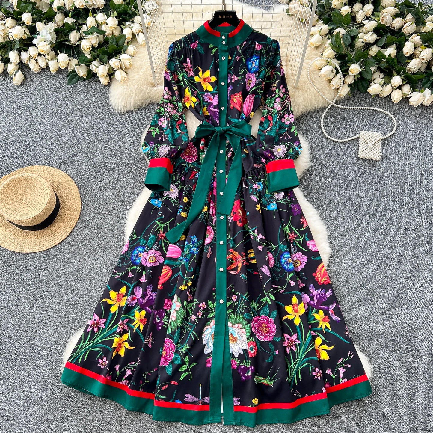 2026 Long-sleeve Printed Dress Women Summer Single-breasted Stand-collar Party Maxi Dresses Lace-up Slim Elegant A-line Dresses