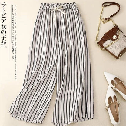 2024 Summer Women Vintage Striped Cotton Linen Beach Wide Leg Pants Female Casual High Waist Loose Straight Trousers Pantalones