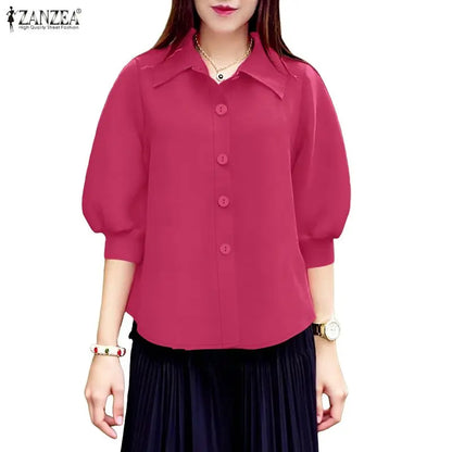 ZANZEA Woman Summer 3/4 Lantern Sleeves Shirts Turn-Down Collar Button Up Tops Casual Daily Wear Solid Color Chemises Femme