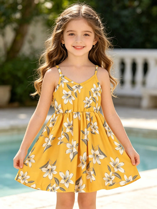Little Girl's Floral Pattern Camisole Dress V-Neck Elastic Waist Party Beach Dress Cute Summer Vest Dress for Kids