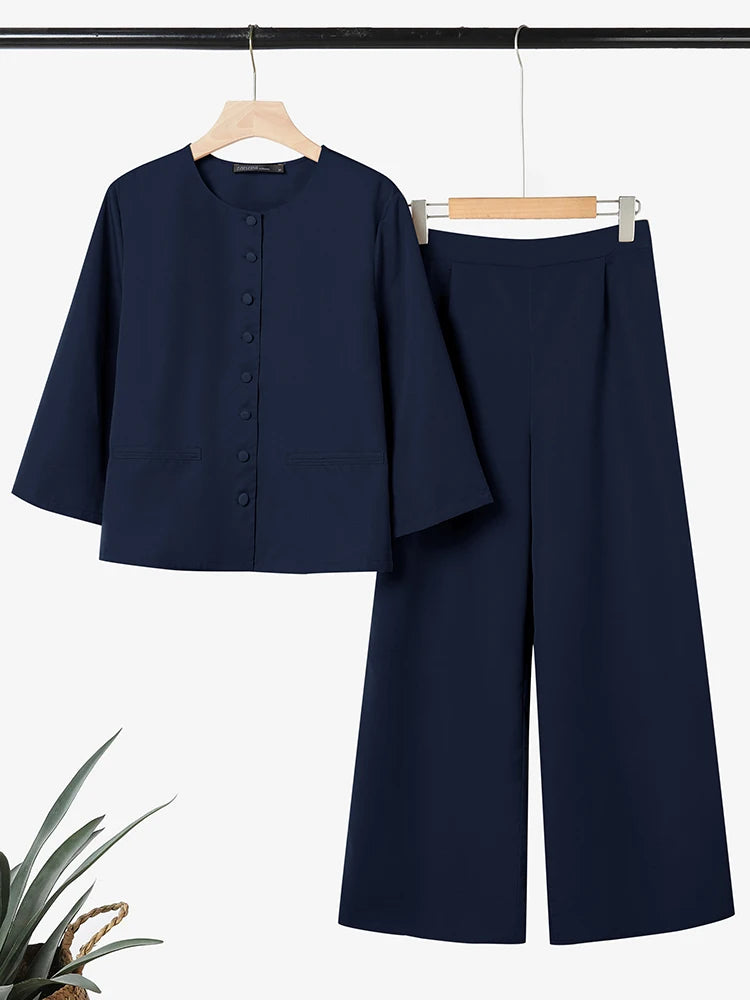 ZANZEA Fashion Women Pant Sets Spring 2 Pieces Sets Outfits 3/4 Sleeve Shirt Wide Leg Trousers Elegant Solid OL Work Tracksuit