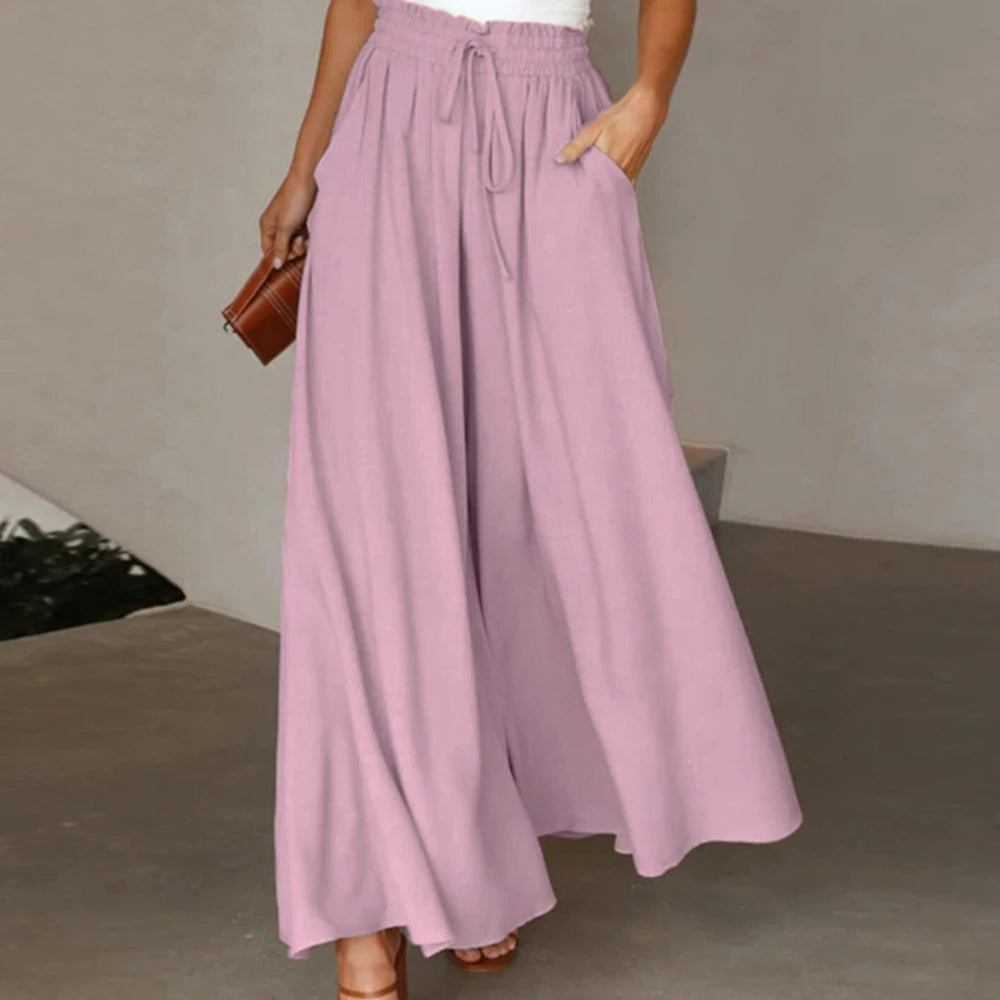 Women Summer Autumn Elegant Solid Chiffon Pants Casual Elastic Waist Wide Leg Pants Loose Straight Trouser Vacation Beach Street
