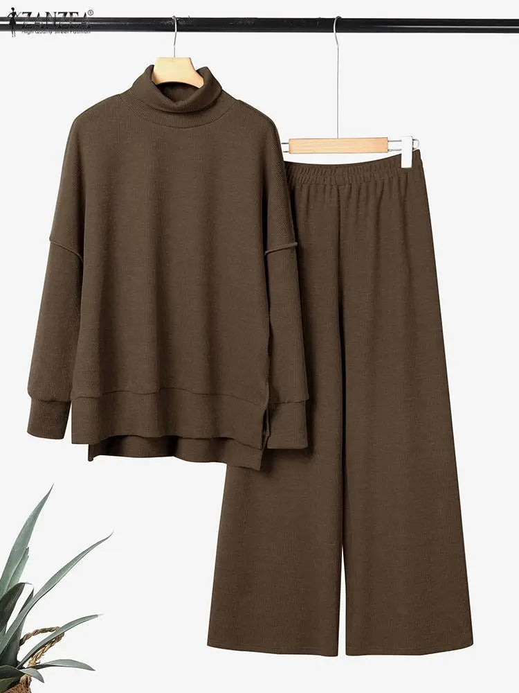 ZANZEA Women's Knitted 2 Pieces Pant Sets Casual Loose Turtleneck Long Sleeve Pullovers and Wide Leg Pant Suits Daily Outfits