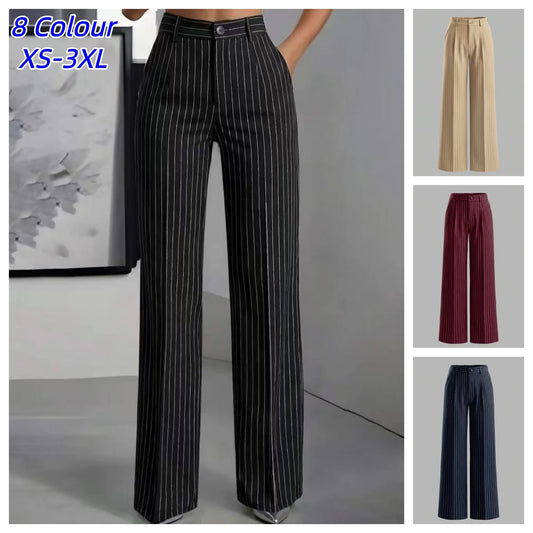Women Striped Vintage Elastic Back Waist Suit Pants Draped Wide Leg Slacks Business Commute Casual Work Office Ladies Trousers