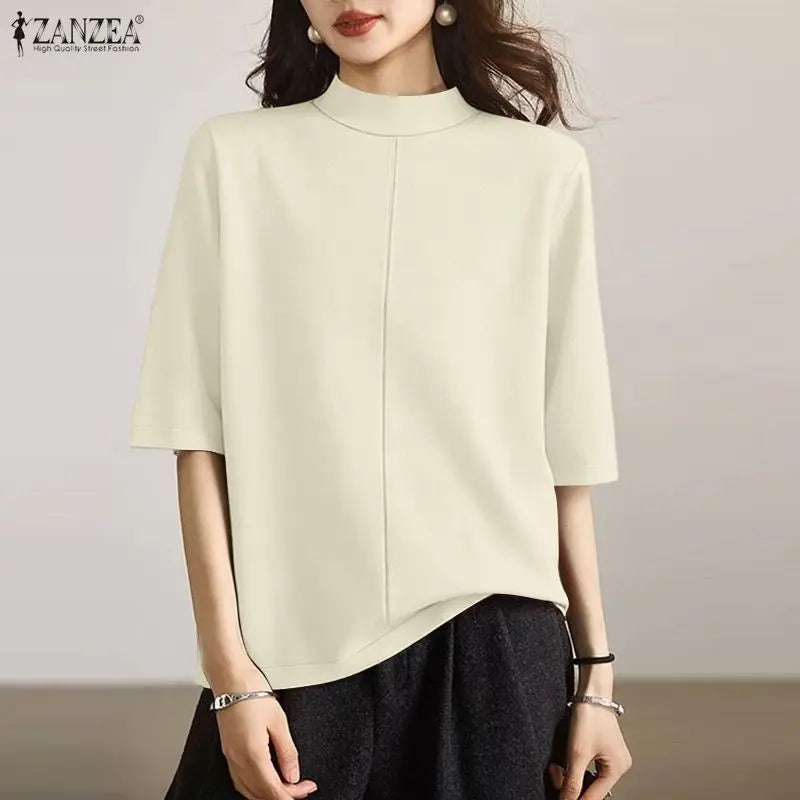 ZANZEA 2026 Minimalist Summer Woman T-Shirts Mock Neck Short Sleeves Seam Detail Solid Color Tees Casual Day Wear Tops 200G