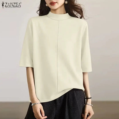 ZANZEA 2026 Minimalist Summer Woman T-Shirts Mock Neck Short Sleeves Seam Detail Solid Color Tees Casual Day Wear Tops 200G