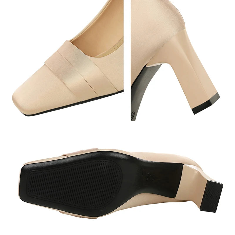 BIGTREE Shoes Square Head Women Pumps Silks Satins High Heels Banquet Dress With Bridesmaid Shoes Chunky Heel Ladies Shoes New