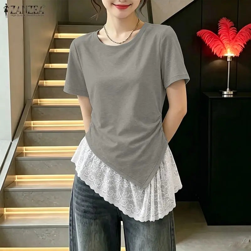 ZANZEA Woman Casual Chic Short Sleeve T-Shirts O-Neck Lace Patchwork Asymmetrical Hem Tops 2026 Summer Fashion Streetwear Tees