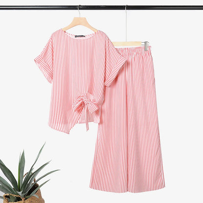 ZANZEA Summer 2PCS O Neck Short Sleeve Blouse Wide Leg Pant Sets Striped Work Tracksuit Fashion Women Outfits 2 Pieces Sets 2026