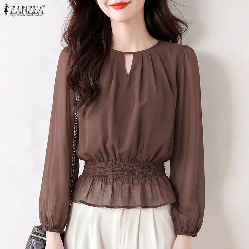 ZANZEA Women Chiffon Sheer Blouses Elegant O-Neck Puff Sleeve Shirred Waist Ruffled Hem Tops Summer Commute Blusas de Mujer