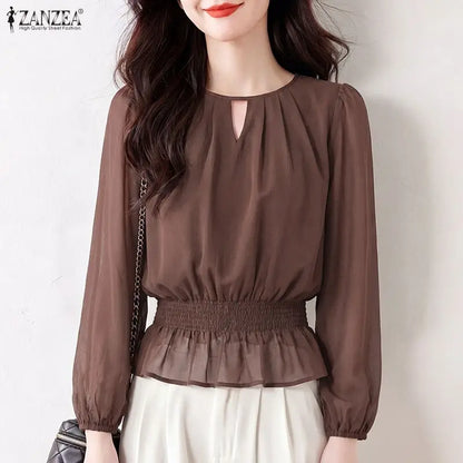 ZANZEA Women Chiffon Sheer Blouses Elegant O-Neck Puff Sleeve Shirred Waist Ruffled Hem Tops Summer Commute Blusas de Mujer