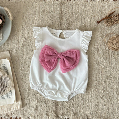 Cute Pink Bow Baby Girl Pure White Romper Sleeveless Jumpsuit Infant Clothing Cotton Soft Fabric Baby Clothes
