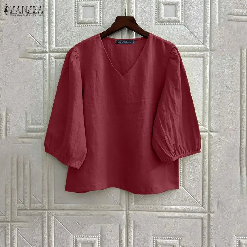 ZANZEA Women's Cotton Linen Breathable Blouses Casual V-Neck 3/4 Lantern Sleeves Solid Color Tops Everyday Wear Blusas de Mujer