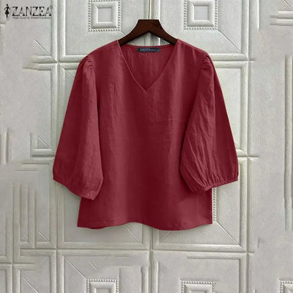 ZANZEA Women's Cotton Linen Breathable Blouses Casual V-Neck 3/4 Lantern Sleeves Solid Color Tops Everyday Wear Blusas de Mujer