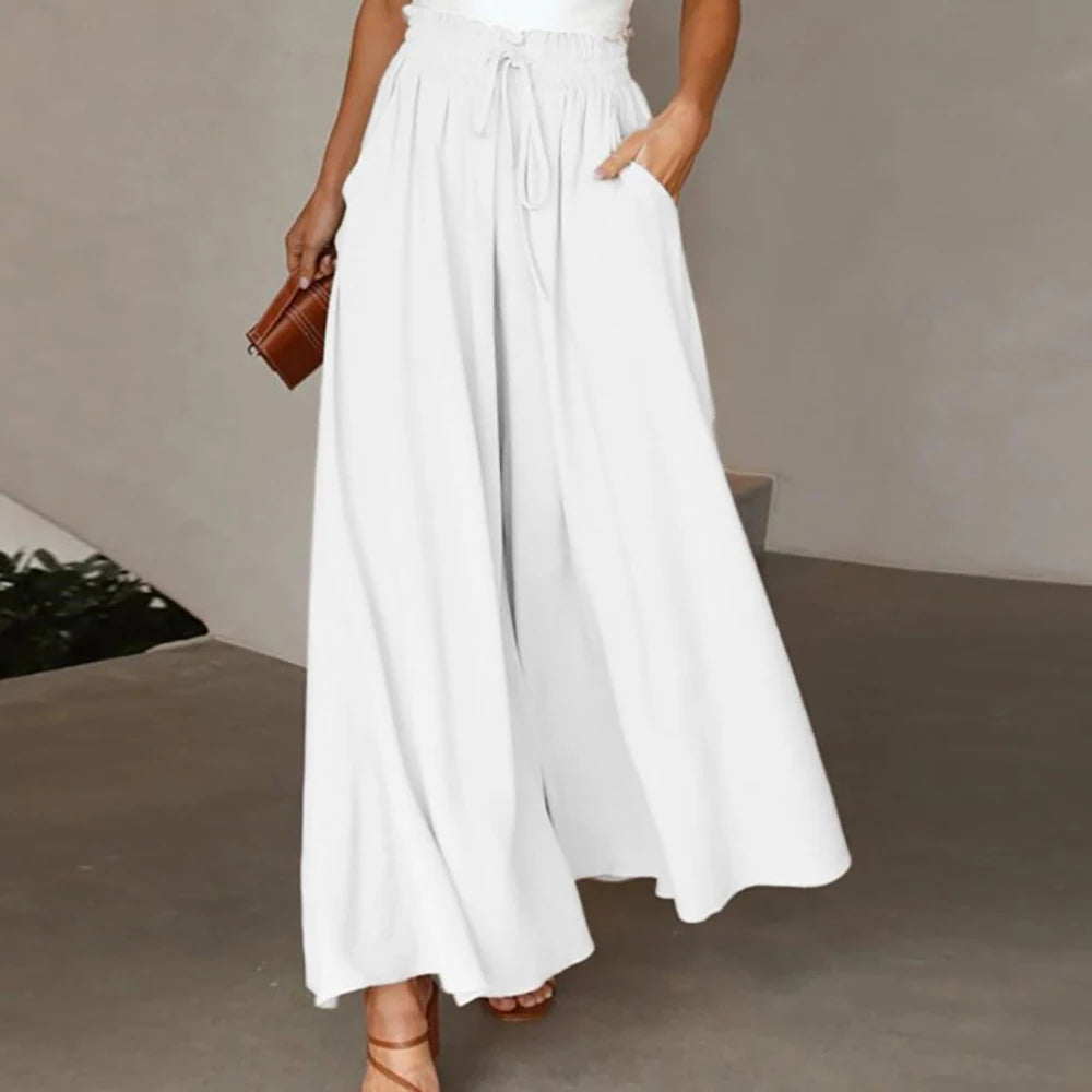 Women Summer Autumn Elegant Solid Chiffon Pants Casual Elastic Waist Wide Leg Pants Loose Straight Trouser Vacation Beach Street