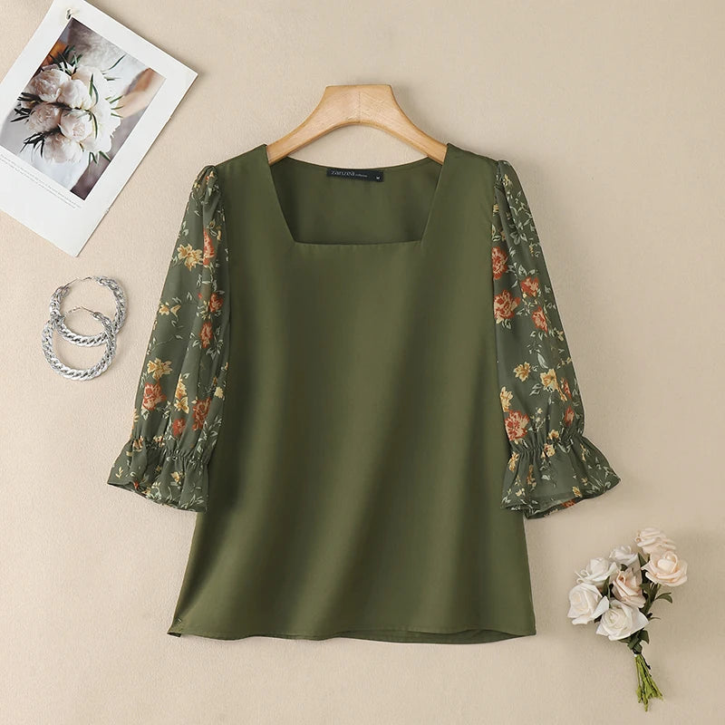 ZANZEA Women Elegant Floral Printed 3/4 Puff Sleeve Blouses Square Neck Patchwork Pullover Tops Summer Casual Blusas de Mujer