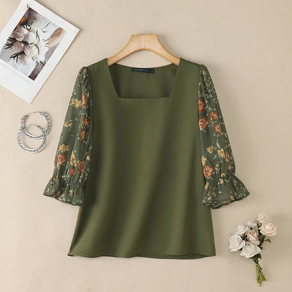 ZANZEA Women Elegant Floral Printed 3/4 Puff Sleeve Blouses Square Neck Patchwork Pullover Tops Summer Casual Blusas de Mujer