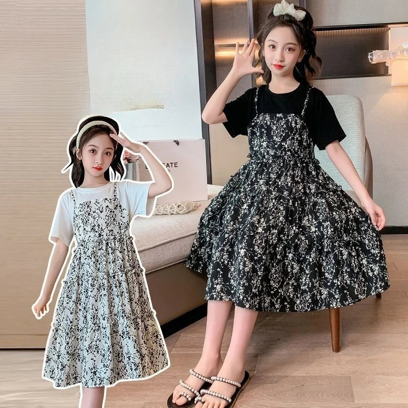 Floral Print Children's Round Neck Suit for Girls Dresses Costume Year Old Dress Sets From 8 12 Years Kids Girl Summer Princess