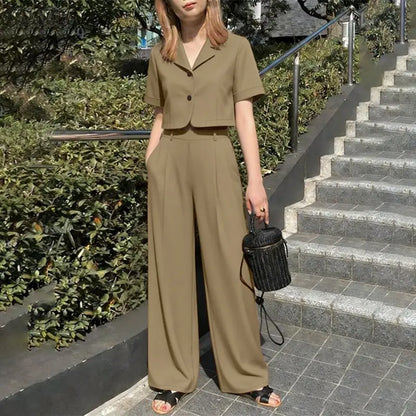 ZANZEA Women's Summer 2 Piece Pant Sets Wide Leg Pant & Lapel Collar Short Sleeve Crop Top 2pc Suits Casual Commute Work Outfits